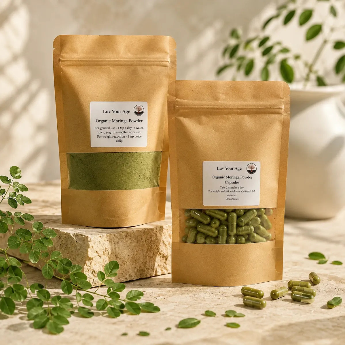 Luv Your Age organic moringa powder and capsules in kraft pouches styled with moringa leaves, stone textures and soft natural lighting.