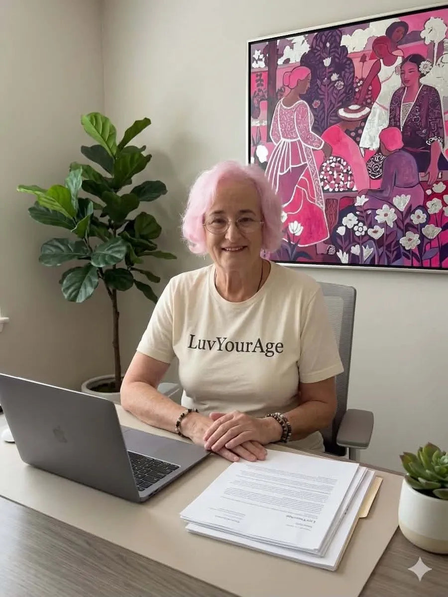 Coby sitting at a desk with a laptop and documents, wearing a 'LuvYourAge' shirt, with a colorful painting in the background.