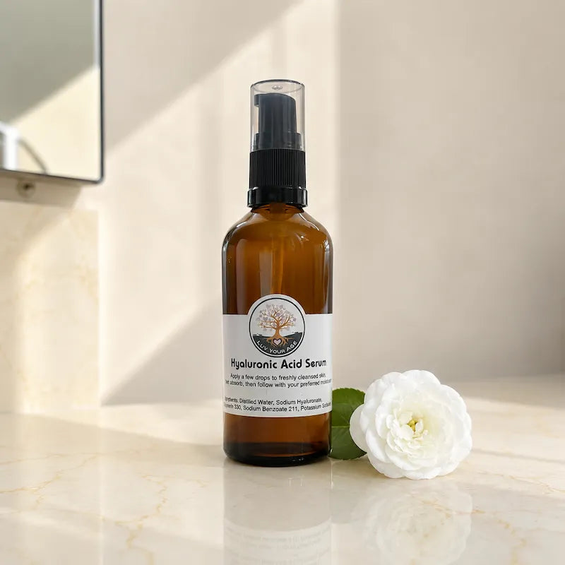 Luv Your Age 100 ml Hyaluronic Acid Serum in an amber pump bottle beside a white flower and green leaf on a sunlit marble surface.