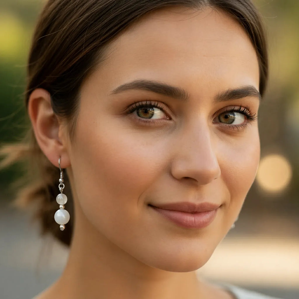 Close-up of a woman wearing hero protection earrings with a blurred natural background.