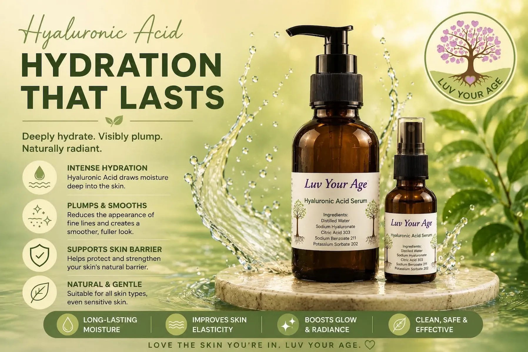 Luv Your Age skincare products with greenery and water droplets on a light green background.