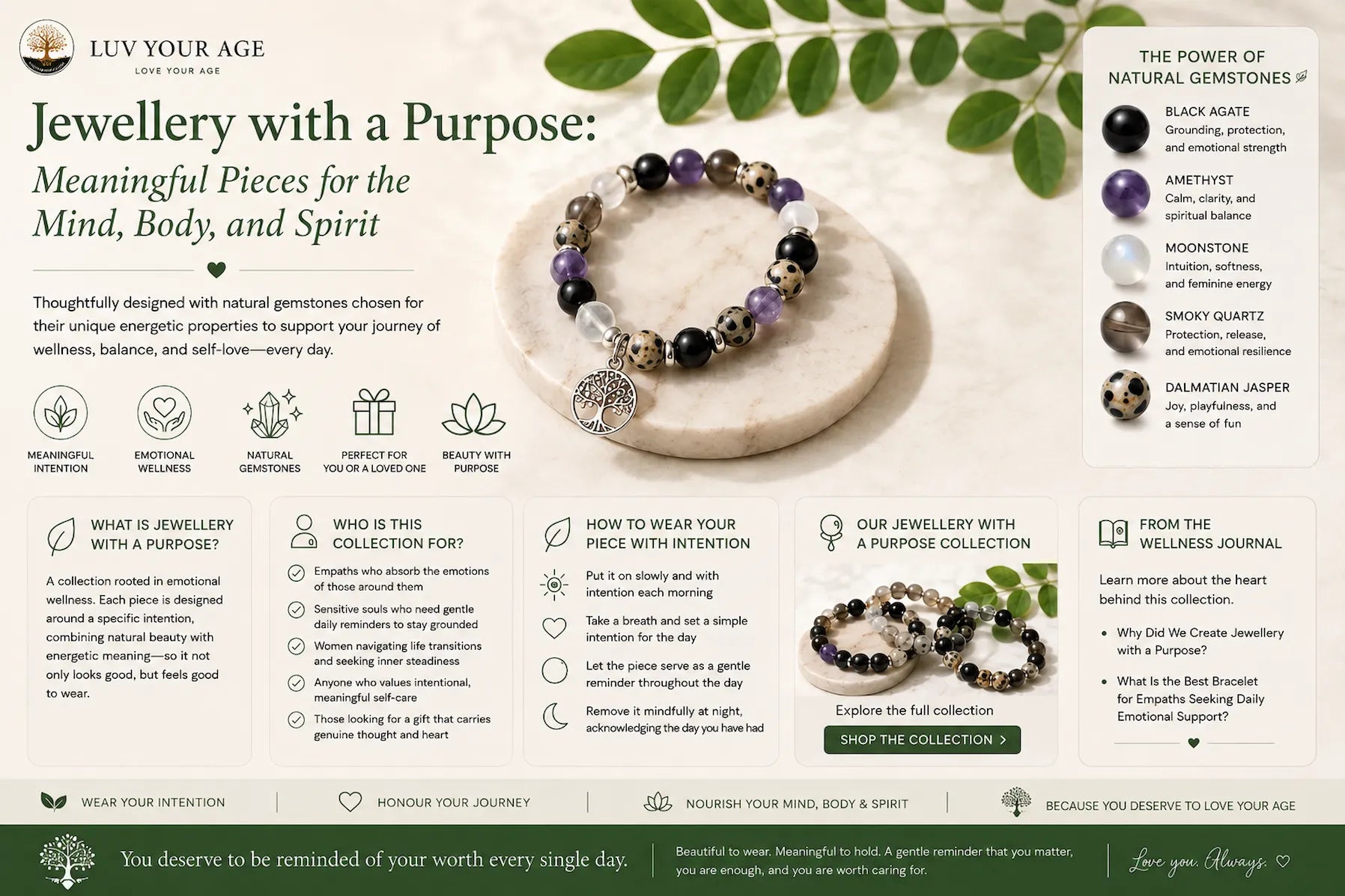 Jewellery with a Purpose advertisement featuring a bracelet on a stone surface with nature-themed text and graphics.