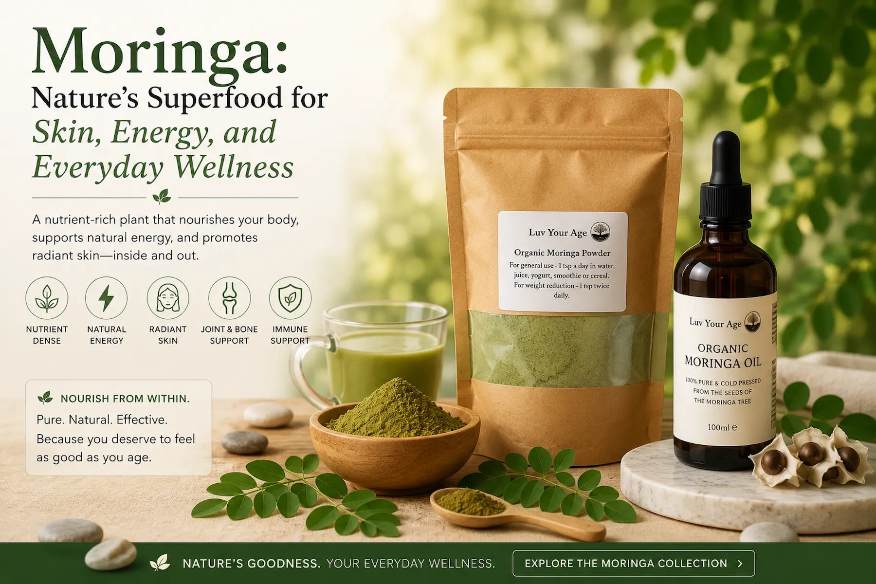 Moringa products including powder, oil, and packaging on a natural background with text about its benefits.